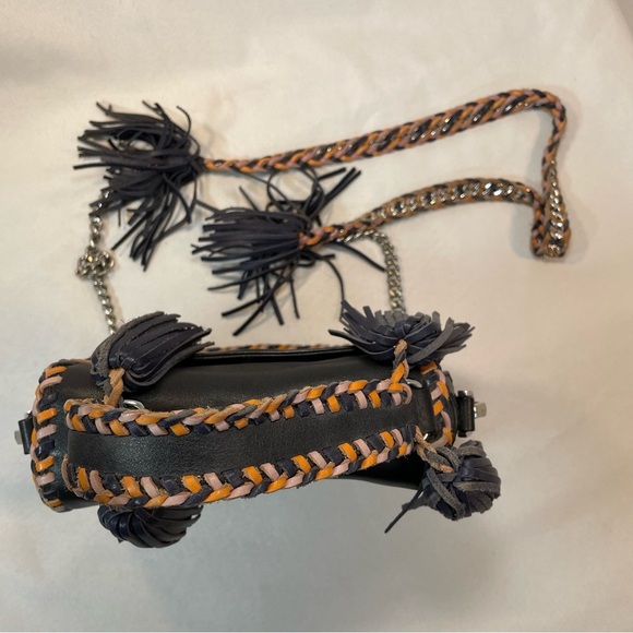 Rebecca Minkoff Black Leather Crossbody Bag Silver Chain Braided Tassels Boho - Picture 6 of 15